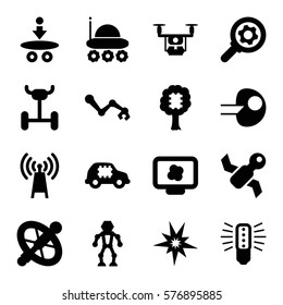 Innovation icon. Set of 16 Innovation filled icons such as core, atom, bulb, satellite, wheel, tractor, CPU in car, CPU in tree, robot arm, transmitter, gear, robot