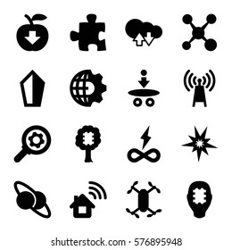 Innovation icon. Set of 16 Innovation filled icons such as apple download, planet and satellite, atom, puzzle, cloud download upload, axle with propeller, CPU in tree