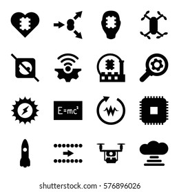 Innovation icon. Set of 16 Innovation filled icons such as atom move, arrow, heartbeat, rocket, axle with propeller, CPU, CPU in head, gear, solar energy, no plug