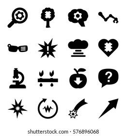 Innovation icon. Set of 16 Innovation filled icons such as apple download, heartbeat, microscope, gear, exclamation, falling star, CPU in tree, robot arm, plant, arrow