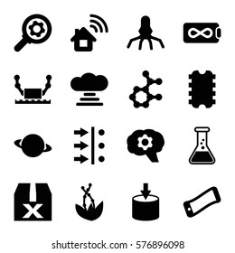 Innovation icon. Set of 16 Innovation filled icons such as entrance, atom move, rocket, atom, gear, planet, home connection, CPU, wavy phone, robot, test tube, plant