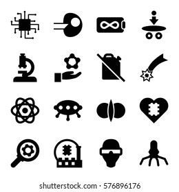 Innovation icon. Set of 16 Innovation filled icons such as atom, atom fusion, core, microscope, rocket, falling star, UFO, CPU, gear, man in smart glasses, atom in hand