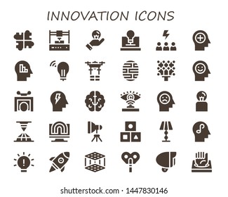 innovation icon set. 30 filled innovation icons.  Simple modern icons about  - Solution, 3d printer, Idea, Creativity, Motivation, Mind, Drone, Brain, Light, Trick, Eye scan, Cubes