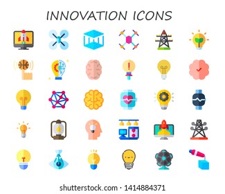 Innovation Icon Set. 30 Flat Innovation Icons.  Collection Of - Startup, Drone, D Printer, Electric Tower, Light Bulb, Skills, Brain, Idea, Lightbulb, D Modeling, Smartwatch, Idea