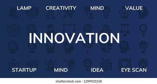  innovation icon set. 32 filled innovation icons. on blue background style Simple modern icons about  - Lamp, Creativity, Mind, Value, Startup, Idea, Eye scan, Electric tower