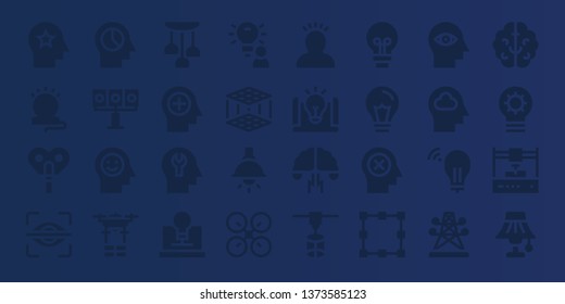 innovation icon set. 32 filled innovation icons. on blue background style Simple modern icons about  - Mind, Lamp, Automaton, Eye scan, Illumination, Drone, Creativity, Idea, 3d printer