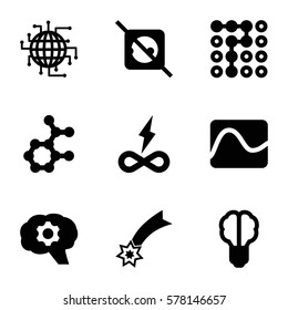 Innovation icon. Set of 9 Innovation filled icons such as labyrinth, atom, brain bulb, gear, falling star, no plug, CPU planet, endless battery