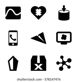 Innovation icon. Set of 9 Innovation filled icons such as entrance, atom, paper plane, phone call, CPU in heart, atom on display, question box, electricity