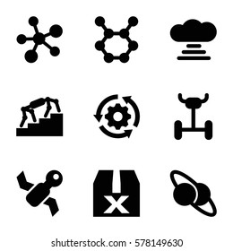 Innovation icon. Set of 9 Innovation filled icons such as planet and satellite, atom, satellite, gear rotate, spring rotate, cloud connection, stairs, wheel