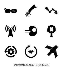 Innovation icon. Set of 9 Innovation filled icons such as heartbeat, core, falling star, CPU in tree, robot arm, hang glider, transmitter, gear rotate