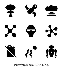 Innovation icon. Set of 9 Innovation filled icons such as atom, satellite, solar panel, man in smart glasses, no oil, robot, cloud connection, share