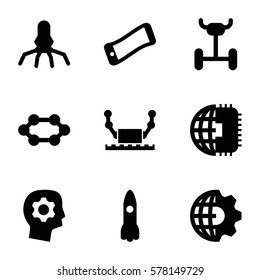 Innovation icon. Set of 9 Innovation filled icons such as rocket, gear in head, wavy phone, clobe gear, CPU planet, robot, CPU