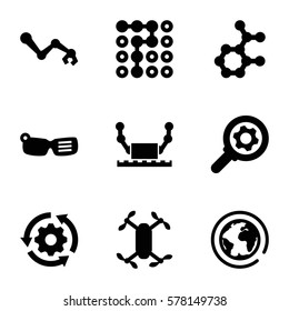 Innovation icon. Set of 9 Innovation filled icons such as labyrinth, atom, axle with propeller, robot arm, gear, gear rotate, robot, smart glasses
