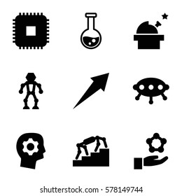Innovation icon. Set of 9 Innovation filled icons such as test tube, gear in head, observatory, UFO, CPU, robot, atom in hand, arrow