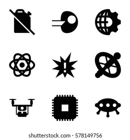 Innovation icon. Set of 9 Innovation filled icons such as atom, core, exclamation, wheel, UFO, CPU, no oil, clobe gear
