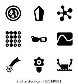 Innovation icon. Set of 9 Innovation filled icons such as labyrinth, microorganism, atom, gear keyhole, falling star, robot, smart glasses, electricity