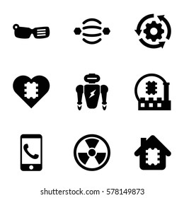 Innovation icon. Set of 9 Innovation filled icons such as CPU in house, CPU, phone call, radiation, gear rotate, CPU in heart, robot, smart glasses