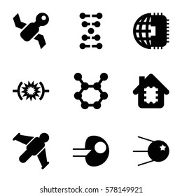 Innovation icon. Set of 9 Innovation filled icons such as pressure, dna, core, satellite, CPU in house, hang glider, spring rotate