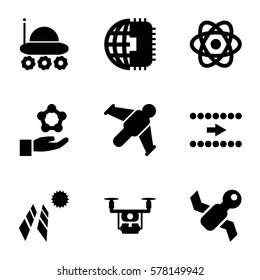 Innovation icon. Set of 9 Innovation filled icons such as atom, arrow, satellite, tractor, solar panel, hang glider, atom in hand, CPU planet