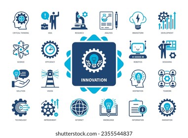 Innovation icon set. Brainstorm, Technology, Teamwork, Idea, Designing, Development, Research, Critical Thinking. Duotone color solid icons