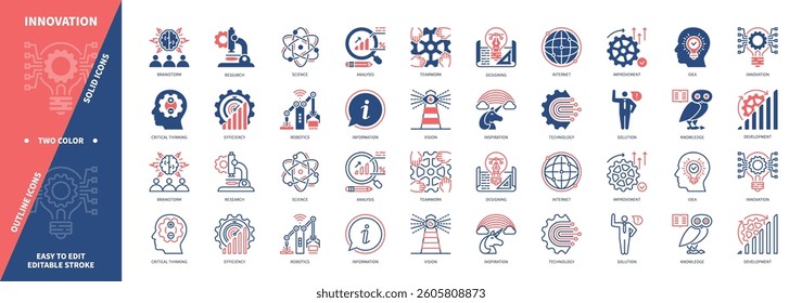 Innovation icon set. Brainstorm, Technology, Teamwork, Idea, Designing, Development, Research, Critical Thinking. Duotone color solid and editable outline icons