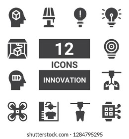 innovation icon set. Collection of 12 filled innovation icons included Smartwatch, 3d printer, Drone, Mind, Idea, Lamp