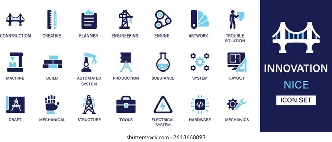 Innovation icon set collection. Construction, creative, planner, engineering, engine, artwork, solution, machine, build, substance and best solid icon set.