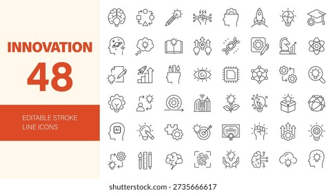 Innovation icon set. Containing creativity, invention, prototype, visionary, idea, agile, revolution, evolution, startup, patent, disruption, originality and more. Editable line icons. Vector illustration.