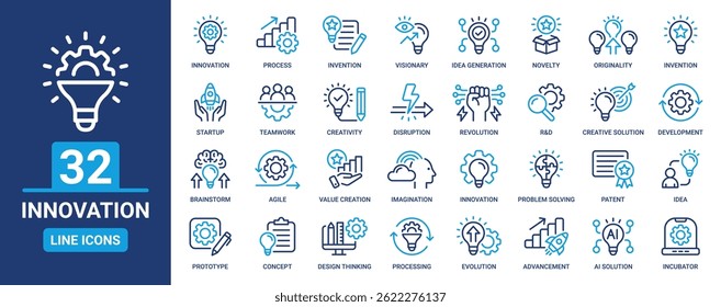 Innovation icon set. Containing idea, invention, creativity, concept, startup, agile, prototype, process, visionary and more. Outline icons vector collection.