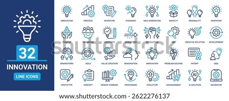 Innovation icon set. Containing idea, invention, creativity, concept, startup, agile, prototype, process, visionary and more. Outline icons vector collection.