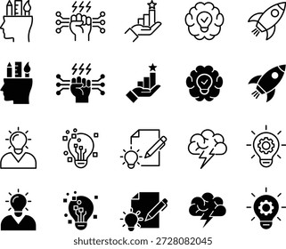 Conjunto de ícones de inovação. Criatividade e símbolo de ideia. Contendo invenção, revolução, evolução, start-up, desenvolvimento, novidade, solução, brainstorming, criativo, pensando e muito mais. Ilustração vetorial.