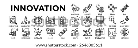 innovation icon set. Editable Stroke Icon Collection. Lightbulb, Rocket, Gear, Brain, DNA, Puzzle, Globe, Laptop, Compass, Light Beam, Magnifying Glass, Innovation Hub, 3D Printing, Blueprint, Clipboa