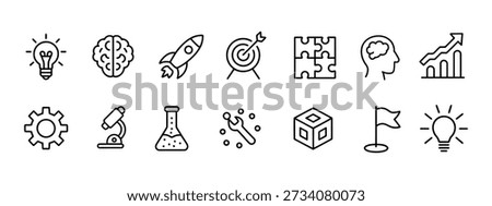 Innovation icon set. Idea light bulb, creative brain, innovation rocket, startup launch, thinking head, solution puzzle, research microscope, growth arrow symbol. vector illustration.