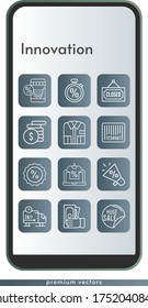 innovation icon set. included online shop, megaphone, sale, shirt, money, closed, discount, delivery truck, barcode, stopwatch icons on phone design background . linear styles.