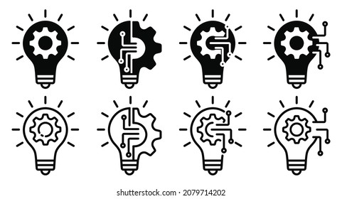 Innovation Icon Set. Light Bulb And Cog Inside. Inspiration Symbol. Lamp Icon. Light Bulb Sign. Idea Symbol. Vector Illustration	