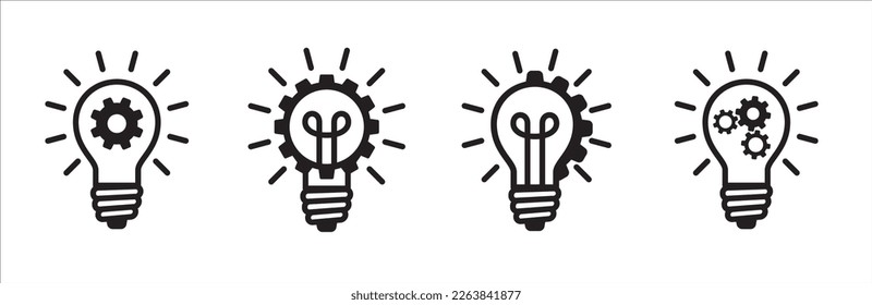 Innovation icon set. Light bulb and cog vector icons. Lamp and gear inspiration symbol. Vector stock illustration.