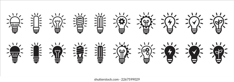 Juego de iconos de innovación. Iconos vectores de bombilla y cog. Símbolo de inspiración de luces y engranajes. Ilustración de material vectorial. Línea simple y diseño plano. Señal de energía verde de electricidad.