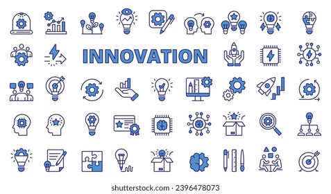 Icono de innovación conjunto de línea de diseño azul. Innovación, idea, creatividad, puesta en marcha, desarrollo, trabajo en equipo, invención, evolución, revolución, ilustraciones de vectores empresariales. Iconos de trazo modificables para la innovación