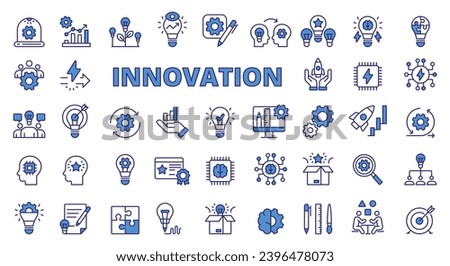 Innovation icon set line design blue. Innovation, idea, creativity, startup, development, teamwork, invention, evolution, revolution, business vector illustrations. Innovation editable stroke icons