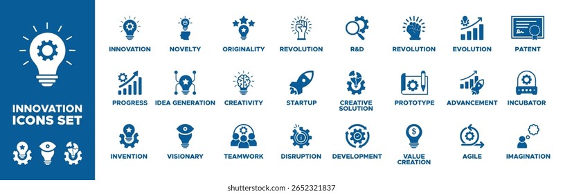 Conjunto de ícones de inovação. inovação, progresso, invenção, visionário, geração de ideias, novidade, originalidade, criatividade, trabalho em equipe, interrupção, start-up, revolução, RD. Coleção de ícones de vetor sólido.