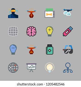 innovation icon set. vector set about workflow, brain, technological and ar glasses icons set.