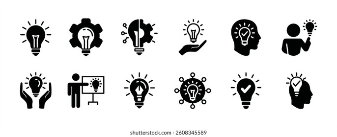 Innovation icon vector set. Light bulb with gear and head symbol. Containing Creative idea, creativity, solution, suggestion, inspiration, presentation, smart thinking. Illustration
