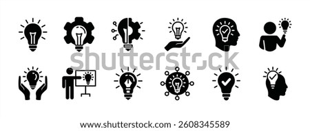 Innovation icon vector set. Light bulb with gear and head symbol. Containing Creative idea, creativity, solution, suggestion, inspiration, presentation, smart thinking. Illustration