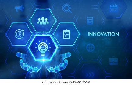 Innovation icon in wireframe hand. . Business innovative idea and solution technology concept Creative Idea, inspiration. Brainstorming. Creative Thinking. Vector illustration.