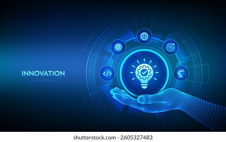 Innovation icon in wireframe hand. Business innovative idea and solution technology concept Creative Idea, inspiration. Brainstorming. Creative Thinking. Vector illustration.