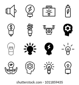 Innovation icons. set of 16 editable outline innovation icons such as bulb, gear in head, medical drone, bulb in hand, fluorescent lamp, lamp