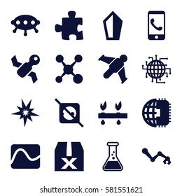 Innovation icons set. Set of 16 Innovation filled icons such as puzzle, satellite, UFO, robot arm, hang glider, phone call, plant, no plug, CPU planet, test tube, share