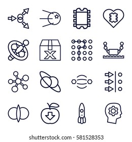 Innovation icons set. Set of 16 Innovation outline icons such as apple download, planet and satellite, atom fusion, atom move, labyrinth, gear in head, rocket, core, wheel