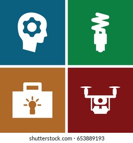 Innovation icons set. set of 4 innovation filled icons such as fluorescent lamp, gear in head, bulb
