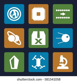 Innovation icons set. Set of 9 Innovation filled icons such as planet and satellite, arrow, microorganism, microscope, core, axle with propeller, CPU, question box